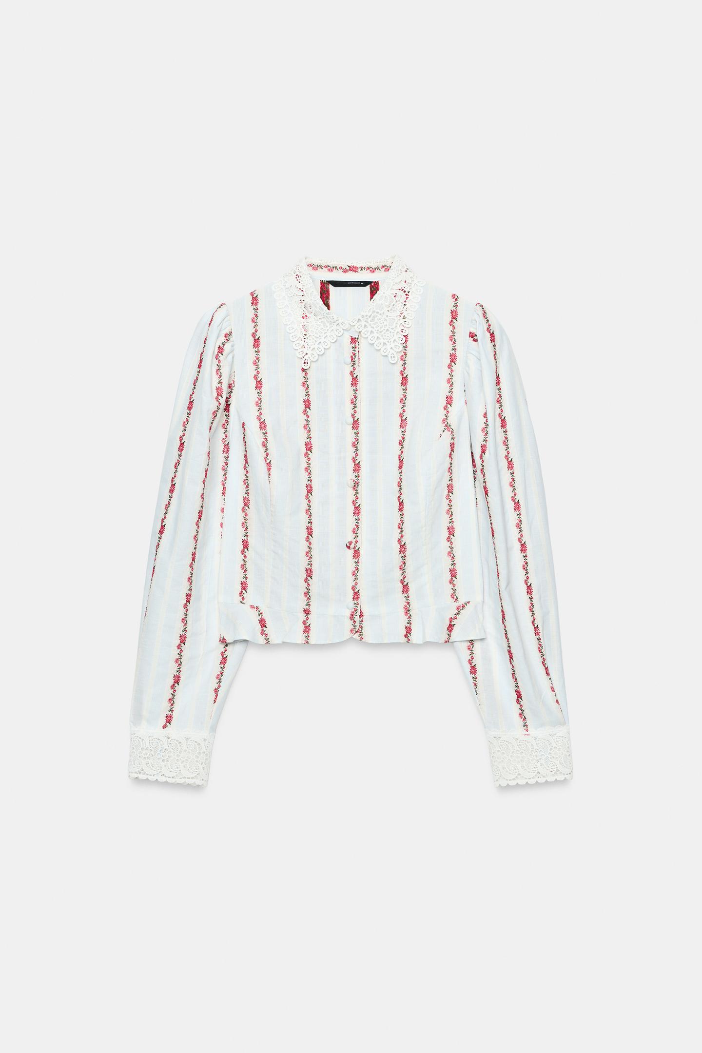 Женская блузка Zara Guipure Printed Blouse, цвет: Синий / Белый — фото 6