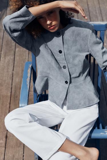100% LEATHER PEPLUM JACKET - Light blue by Zara