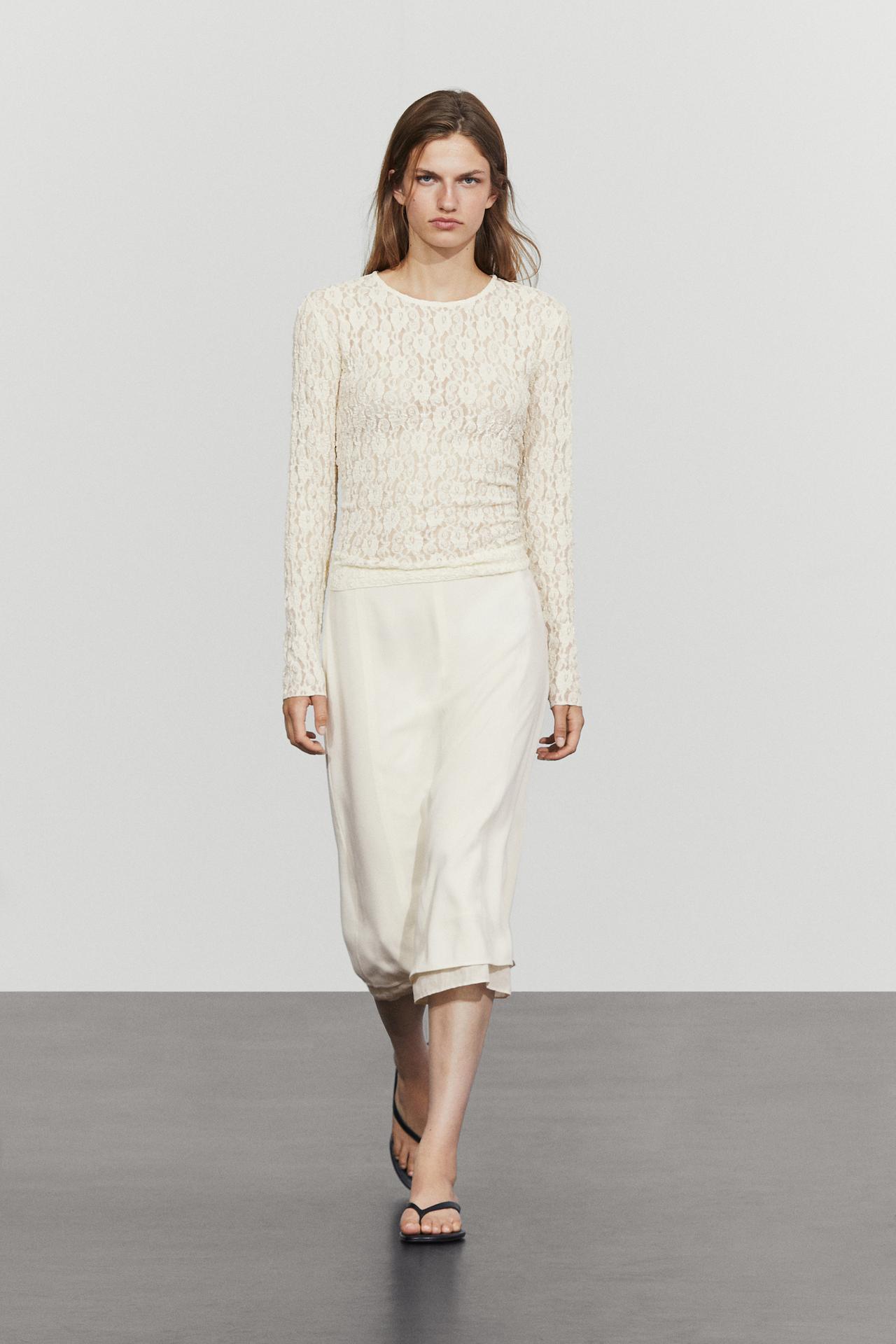 Long sleeve lace detail T-shirt — Ecru
