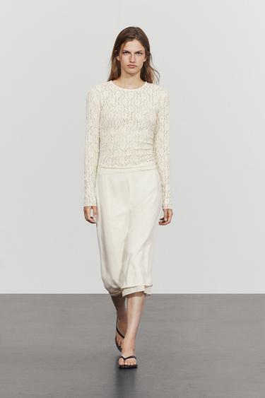 Zara Long sleeve lace detail T-shirt - Ecru - Image 0
