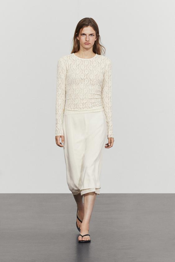 Zara Long sleeve lace detail T-shirt - Ecru - Image 0