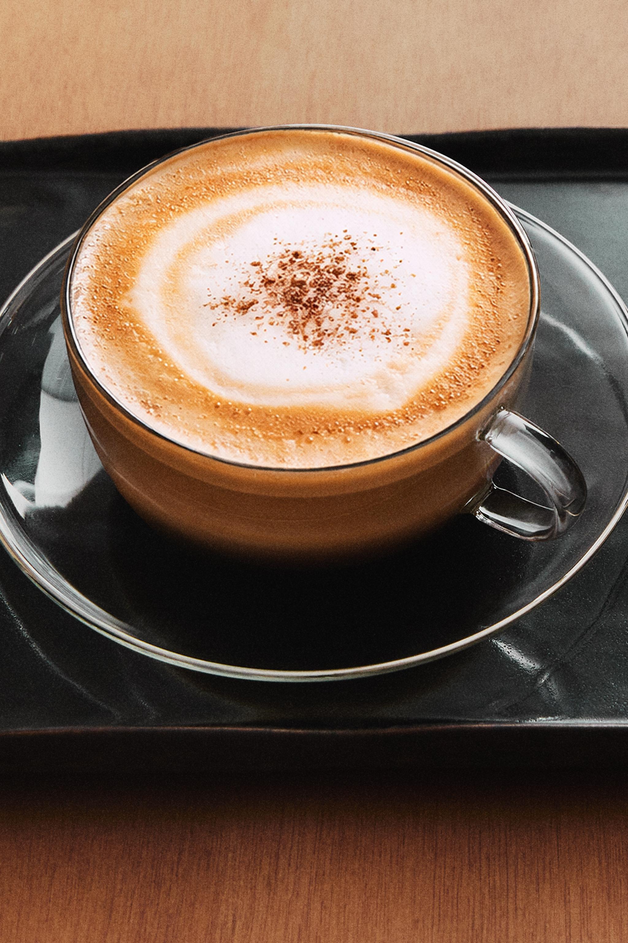 BOROSILICATE GLASS COFFEE CUP AND SAUCER WITH SILVER RIM