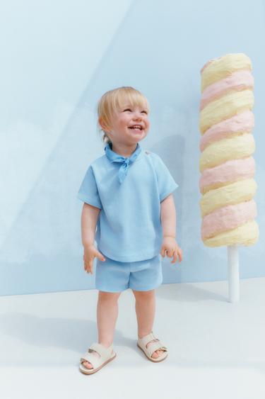 Zara WAFFLE T-SHIRT AND BERMUDA SET - Mid-blue