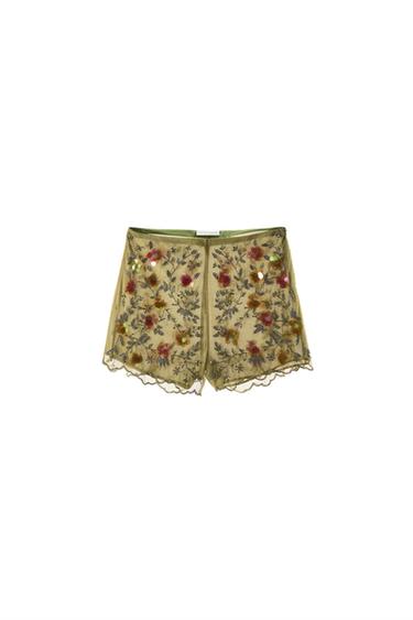 FLORAL BEADED EMBROIDERED SHORTS - Olive green by Zara