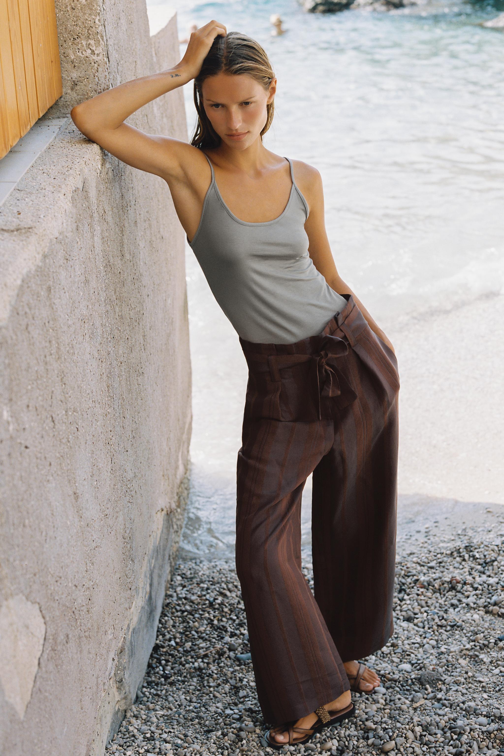 STRIPED BELTED PAPERBAG TROUSERS — Brown