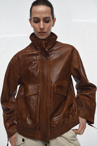 CAZADORA BOMBER PIEL 100% ZW COLLECTION LIMITED EDITION - Marrón de Zara