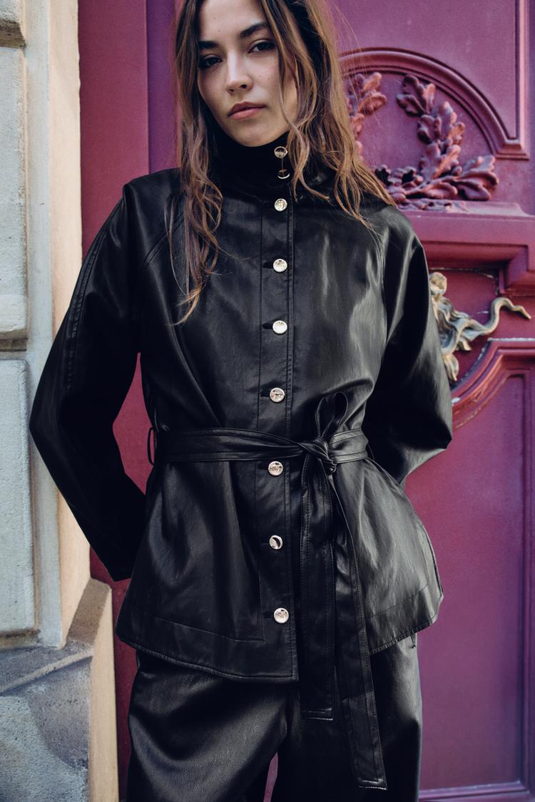 FAUX LEATHER BELTED JACKET — Black