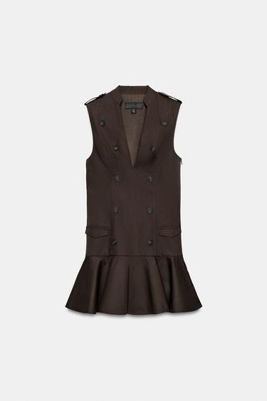 Zara 荷葉邊鈕扣迷你洋裝 - 深棕色