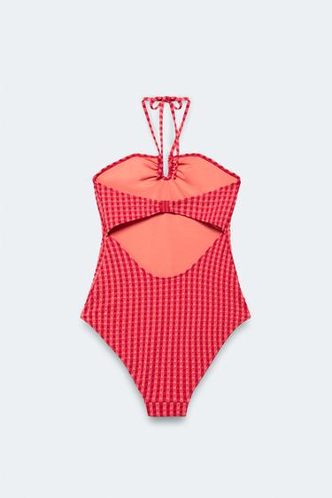 LIMITED EDITION HALTER GINGHAM SWIMSUIT - BURGANDY MARS by Zara - Image 4