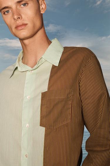 LIMITED EDITION STRIPED COLOUR BLOCK SHIRT - Green stripe by Zara - Image 1