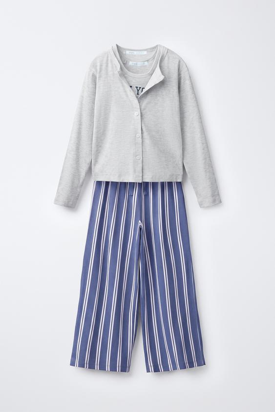 6-14 წელი/ სამნაწილიანი ზოლიანი პიჟამა - Zara-ს Grey / Blue - სურათი 0