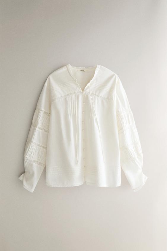 CAMISA DE ALGODÃO COM RENDA - Marfim da Zara - Imagem 0