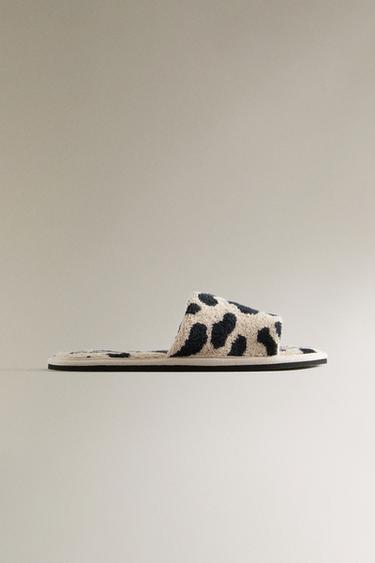 Zara TERRYCLOTH ANIMAL PRINT SLIDER SLIPPERS - Leopard