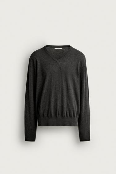 100% WOOL V-NECK SWEATER — Gray green 1