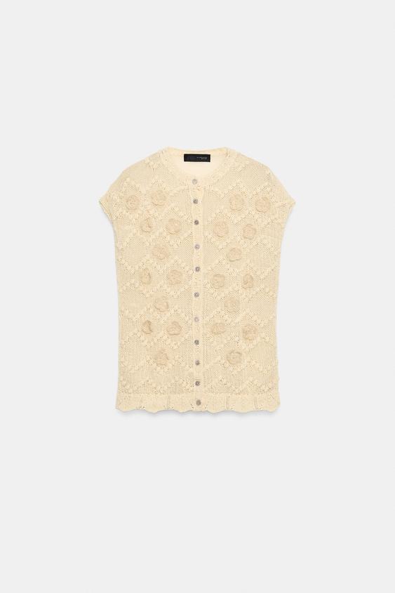 KNIT FLORAL TOP - Light beige by Zara - Image 0