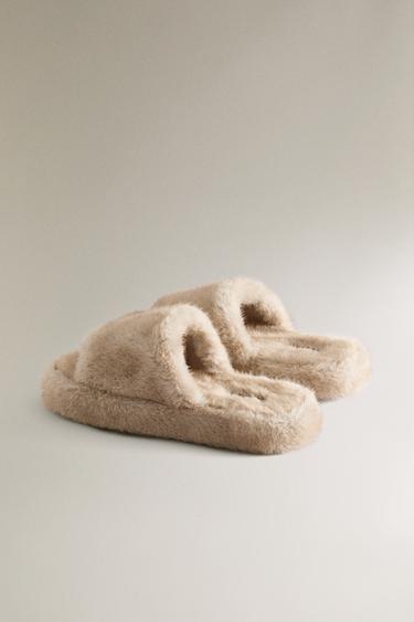 FAUX FUR FLATFORM SLIPPERS - Sand Brown by Zara - Image 3