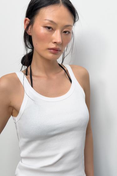 Zara COTTON RIBBED STRAP TOP - White