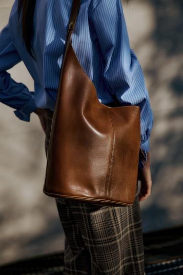 ASYMMETRIC LEATHER BUCKET BAG - Brown by Zara