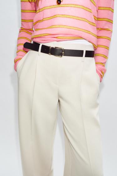 PANTALON DROIT À PINCES AVEC CEINTURE - Blanc ivoire de Zara - Image 4