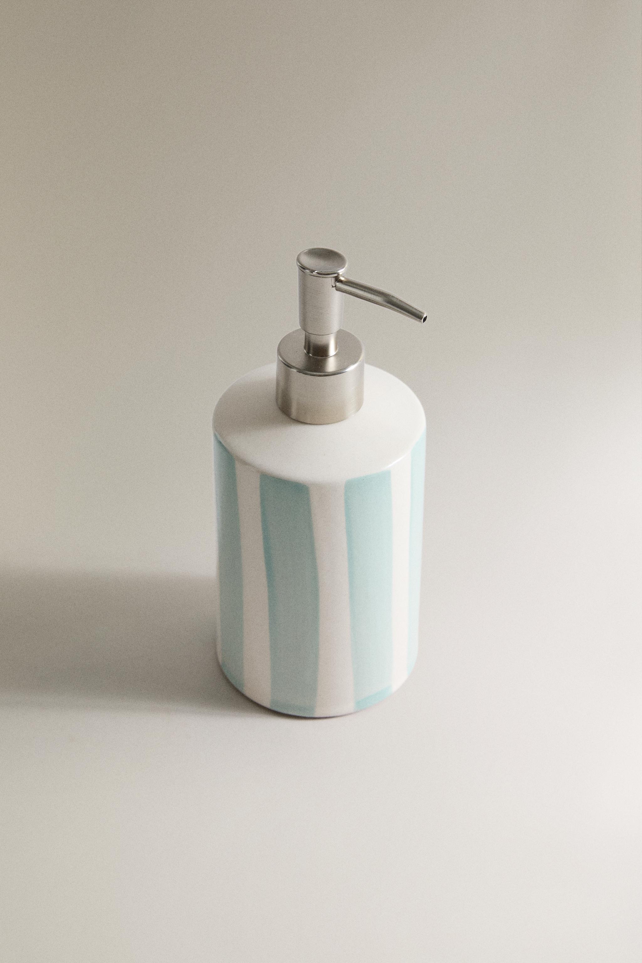 STRIPED CERAMIC SOAP DISPENSER — Blue / White