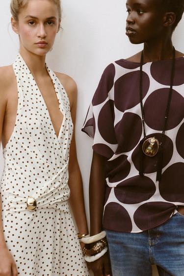 HALTER JUMPSUIT WITH POLKA DOTS - Ecru / Brown by Zara