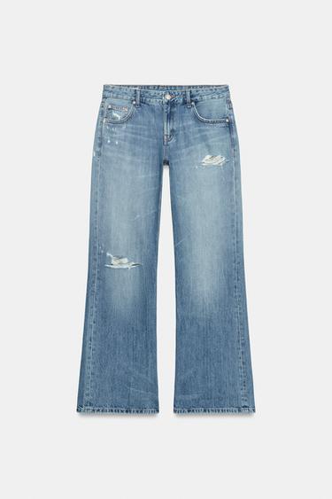 JEAN TRF WIDE LEG FLARE TAILLE BASSE DÉCHIRÉ - Bleu de Zara