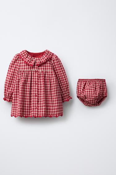 ROBE ET CULOTTE À CARREAUX AVEC DÉTAIL BRODÉ - Rouge de Zara - Image 0