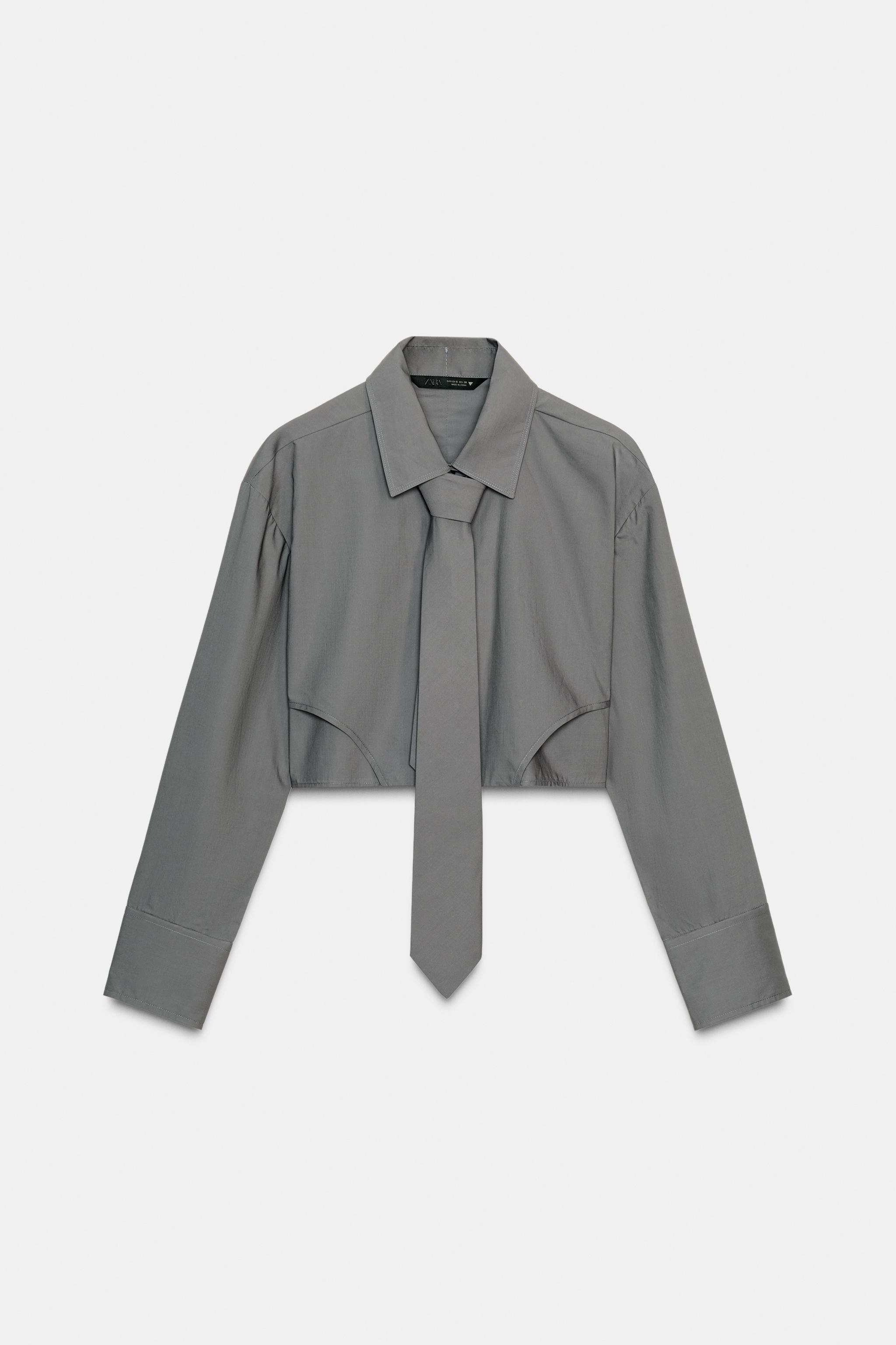 CROPPED POPLIN SHIRT WITH TIE DETAIL - Grey | ZARA Thailand