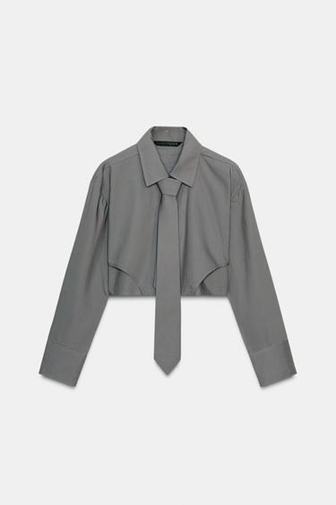 CROPPED POPLIN SHIRT WITH TIE DETAIL - Grey by Zara