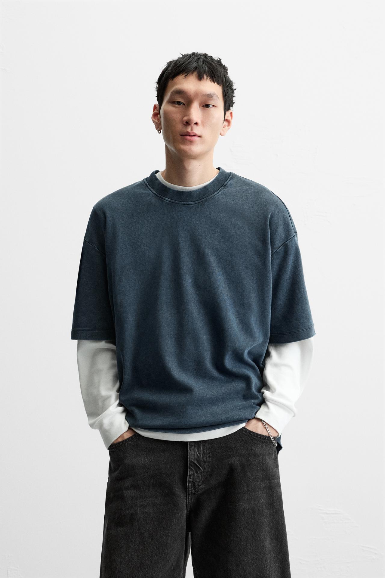 Zara WASHED RELAXED FIT T-SHIRT - Blue / Gray