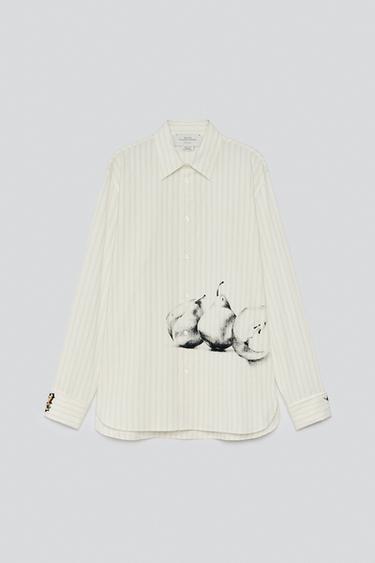STRIPED PRINT OVERSIZED SHIRT — Ecru / Black 1