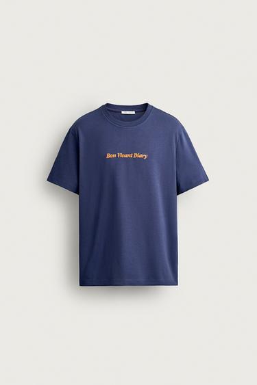 RELAXED FIT EMBROIDERED T-SHIRT - Navy blue by Zara