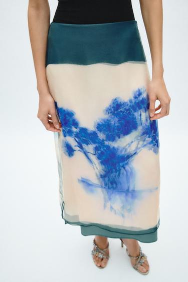 ZW COLLECTION PRINTED MIDI SKIRT - Ecru / Blue by Zara