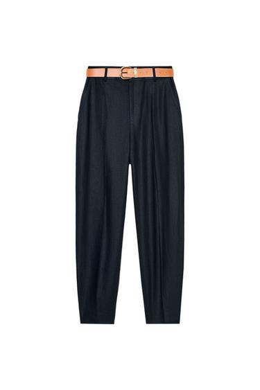 LINEN BLEND TROUSERS WITH DARTS AND BELT - Navy blue by Zara