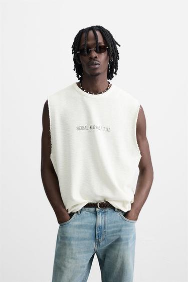 GEBREIDE TANKTOP MET PRINT EN WASSING - Beige van Zara