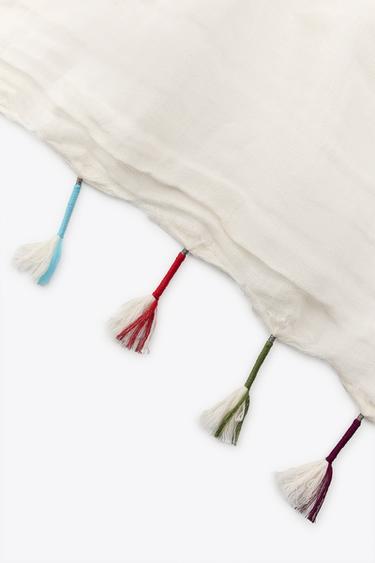 LINEN SCARF WITH POMPOMS - Ecru by Zara - Image 4