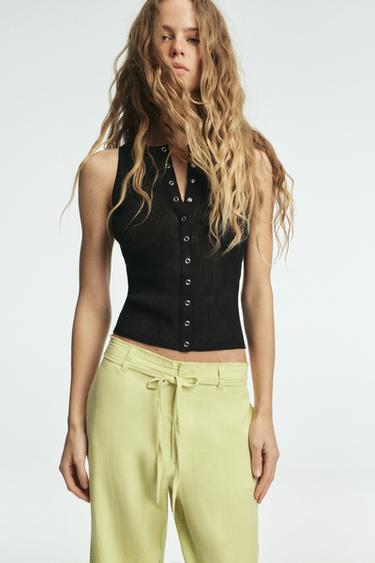 LINEN BLEND TROUSERS WITH TIE - Lime by Zara