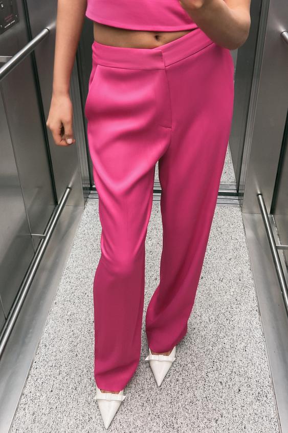 New ZARA Women’s Size Xs Pink Linen Blend High Waisted Pleated Wide Leg  Pants