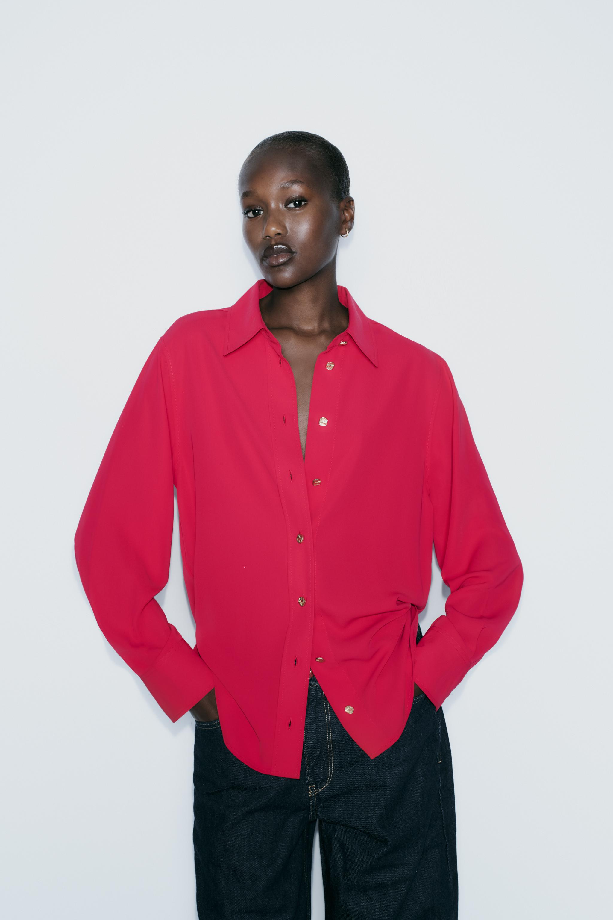 Camisas Zara Gold Button Flowy Mujer Fucsia Para Camisa ZARA Gold