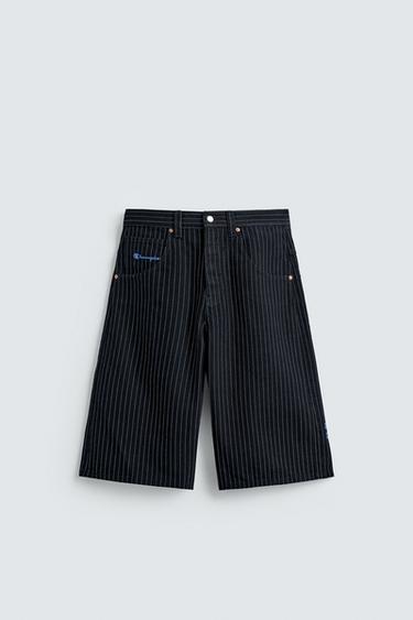 Zara CHAMPION® X ZARA STRIPED BAGGY FIT SHORTS - Blue