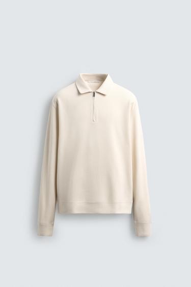 TEXTURED WEAVE POLO SHIRT WITH ZIP - Ecru by Zara