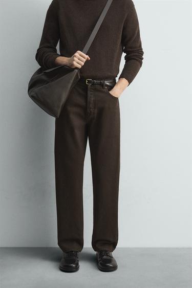 Zara WAXED FINISH STRAIGHT FIT JEANS - Brown