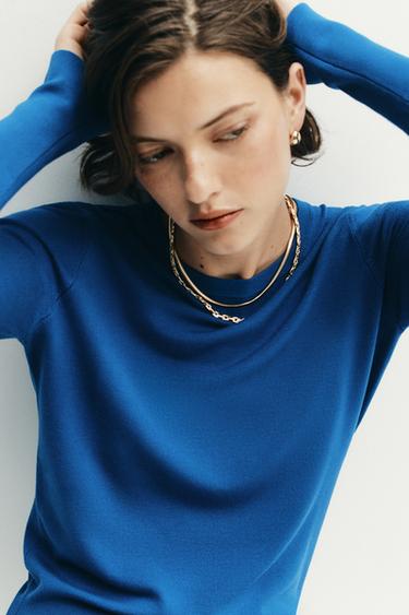 SUÉTER BÁSICO DE TRICÔ LISO - Azul-tinta da Zara