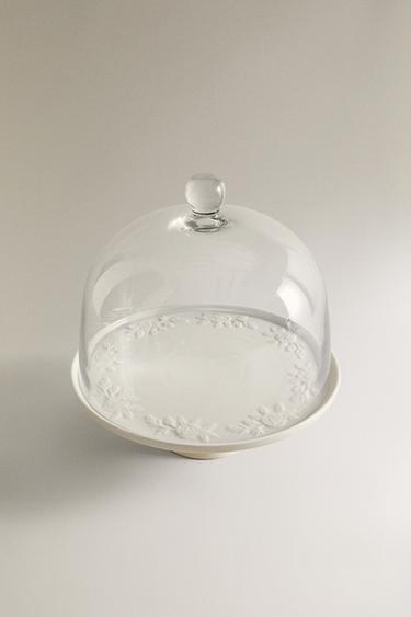 FLORAL CAKE STAND WITH A GLASS DOME - Cream by Zara - Image 1