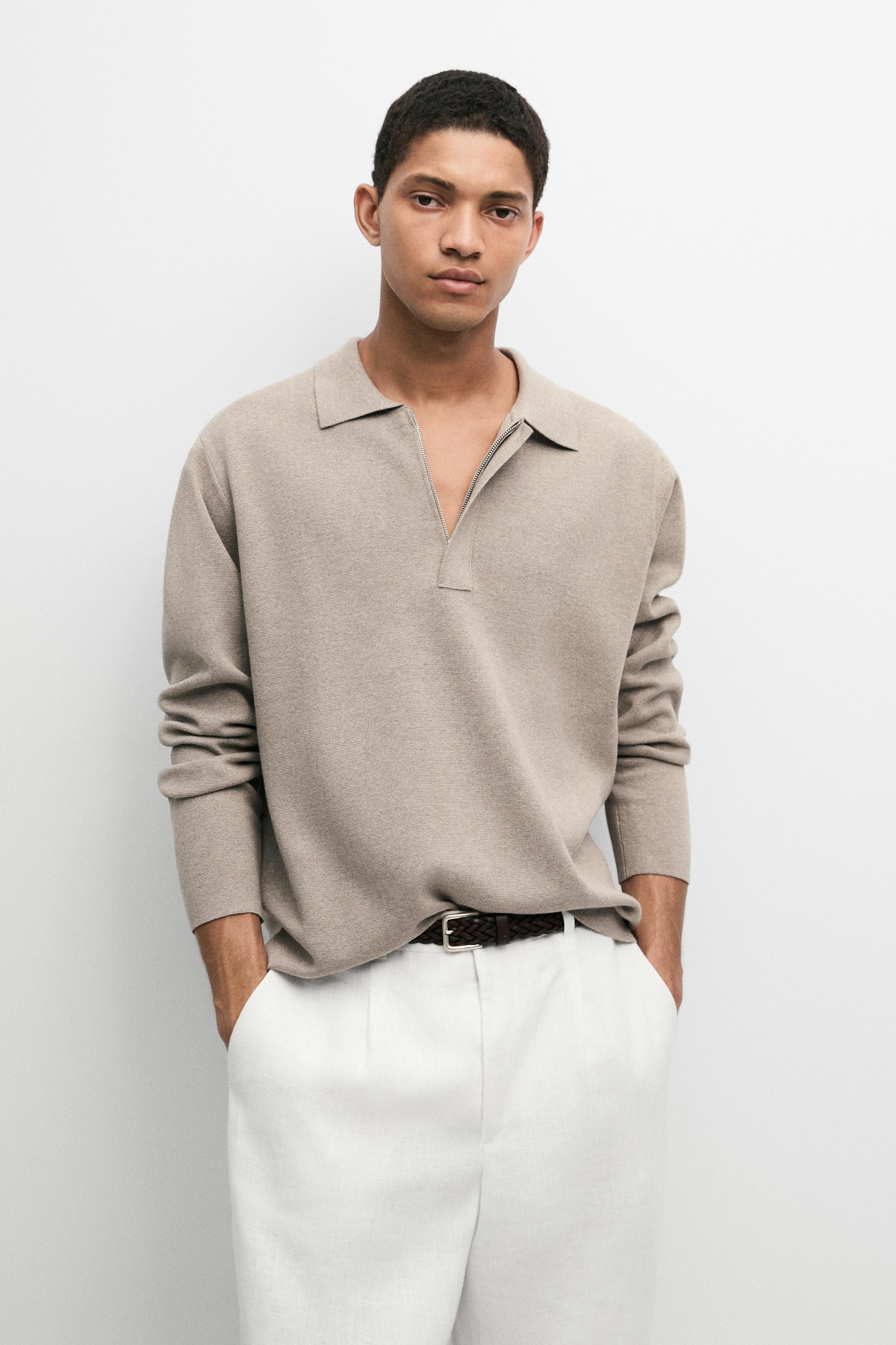 Cotton blend zip-up knit polo sweater — Beige / Green