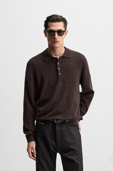 COTTON-WOOL KNIT POLO SHIRT - Brown marl by Zara