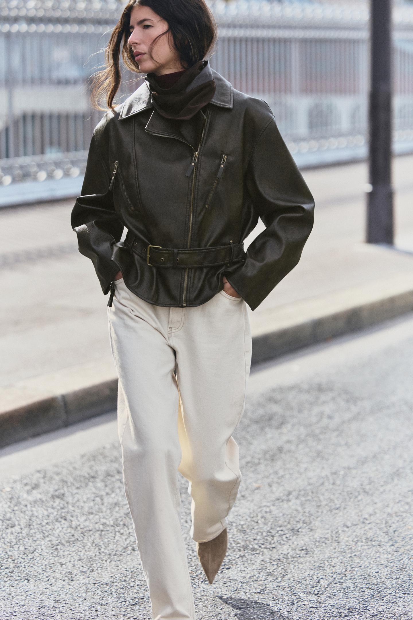 Женская куртка Zara Belted Faux Leather, цвет: Тёмный хаки