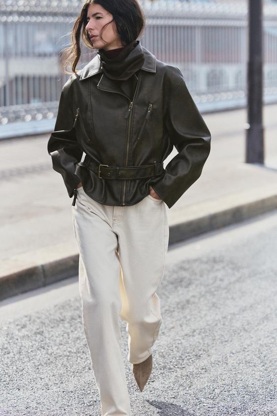 Zara BELTED FAUX LEATHER JACKET - Dark khaki - Image 0