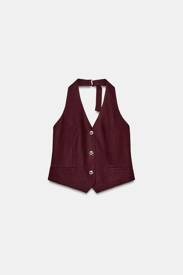 LINEN BLEND HALTER WAISTCOAT - Burgundy by Zara - Image 3