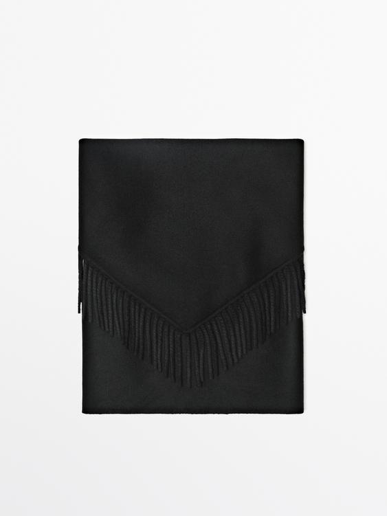 Wool blend knit cape with fringing